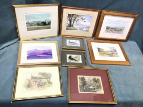 Nine framed pictures - two Cash embroideries, photographs, some signed, a pair, a nineteenth century