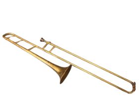 An Edwardian brass trombone by Henry Keat & Sons London, the prize instrument with foliate engraving