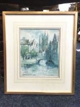 Victor Noble Rainbird, watercolour, Flemish canal scene with old buildings, boats and church