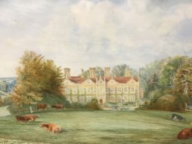 Early C20th watercolour, country house with cows in foreground, unsigned, mounted & framed. (18in