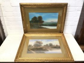 Late Victorian oil on boards, a pair, river landscapes with trees, birds and sailboats, mounted