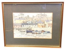 M Gibbons, pen, ink & watercolour, view of a Devon harbour with boats, an inn and houses on the
