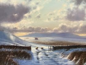 Robert Ritchie, oil on canvas, winter landscape through gate with sheep, signed, titled to verso