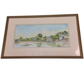 A Denning, watercolour, an estuary view with moored boats, sluice gate and village, signed,