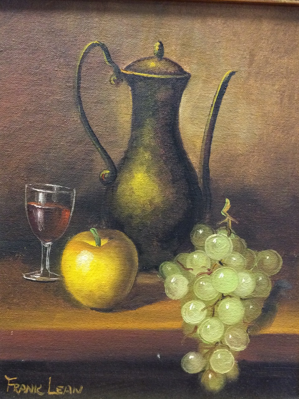Frank Lean, oil on canvasboard, still life with wine glass, coffee pot & fruit, signed, in a gilt - Image 2 of 3