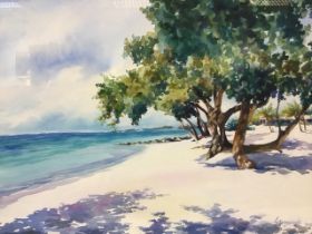 L Brezinski, watercolour, sunny beach view, signed & dated, mounted & framed. (22.5in x 19.5in)