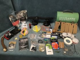 Miscellaneous fishing tackle including a tin tackle box, priests, nylon, hooks, lines, bait,