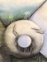 Pastel, surrealist composition with figures, titled Mystic Words Of No Importance - Mystic