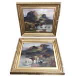 CW Oswald, oil on canvas, a pair, cattle watering in highland landscape, signed, in gilt & gesso