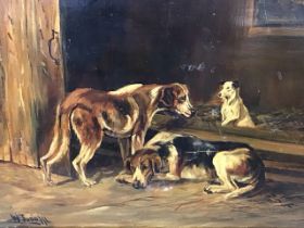 W Judd, Victorian oil on board, two foxhounds and a terrier in a barn, signed and dated 96, gilt