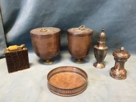 A near pair of copper urn shaped covered caddies; a McMurdo deco gilt brass and alligator skin table