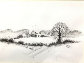 Diana Miller, pen & pencil, winter landscape, titled Farm in the Snow on label to verso, signed,