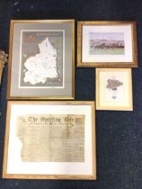 Tom Fleming, coloured map of Northumberland, signed, mounted & framed; a front page of The
