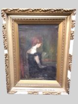 An Edwardian oil on canvas, interior with seated lady in evening dress reading a card, unsigned,