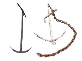A painted cast iron anchor & chain with pointed terminals; and another similar smaller with spade