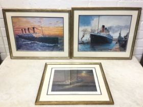 Stuart Williamson, three framed coloured prints of The Titanic - steaming ahead, at dock and night