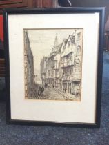 FG Kitton, pen & ink, Edinburgh street scene with medieval houses and the cupola of Augustine United