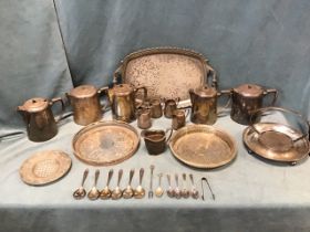 Miscellaneous silver plate - teapots & jugs, trays, spoons, a cakestand, etc. (A lot)