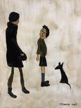 After LS Lowry, oil on board, a mother and son with a dog, signed and dated 1967, framed. (15.5in