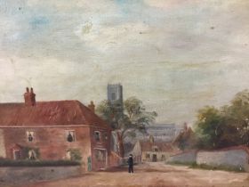 Late nineteenth century oil on canvas, street scene with figure and church in background, signed