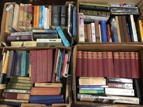 Four boxes of miscellaneous books - novels, three New Naturalists, John Buchan, Timothy Leary, folio