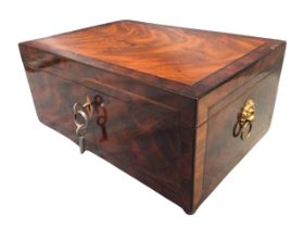 A Victorian mahogany crossbanded box framed by ebony stringing, the lined interior with divisions,