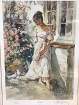 Gordon King, limited edition numbered lithographic coloured print, lady outside house with doves,