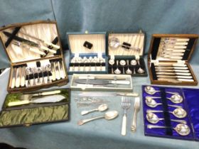 Miscellaneous cased sets of silver plate & chrome - a dessert set, a canteen with six place