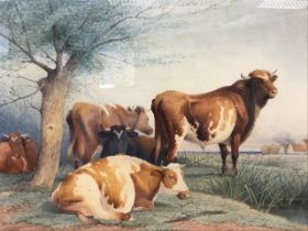 Thomas Sidney Cooper, C19th watercolour, cattle resting in landscape, signed & dated 1879, mounted &