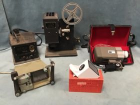 A cased Pacemaker reflex zoom cine camera; a Crown editing and splicing machine; a Kodascope Model