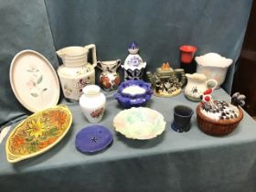 Miscellaneous ceramics including vases, a handpainted late Victorian pitcher, a chicken on basket