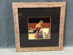Oil on board, square contemporary study of a bullfighter in ring, signed with monogram, mounted &