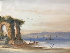 E St John, Victorian watercolour, Mediterranean coastal view with boats, titled on mount The