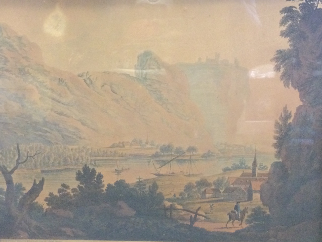 A pair of C18th handcoloured mezzotints, views on the Rhine with ruined castles on clifftops, - Bild 2 aus 3