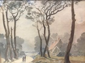 Early C20th watercolour, tree landscape with cottage and two figures on track, unsigned, mounted &