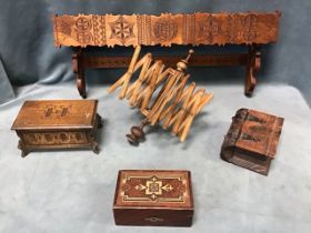 Miscellaneous treen - a Victorian concertina action wool winder, a book form playing card box, a