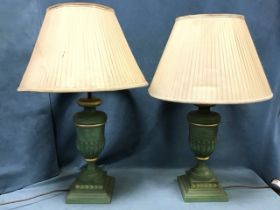 A pair of large contemporary tablelamps with pleated shades on turned fluted painted & gilded urn