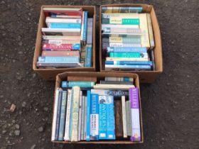 Three boxes of miscellaneous books - antiques and collectibles, Millers price guides, novels,