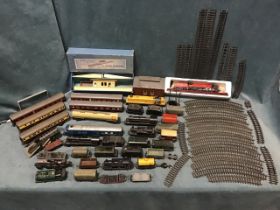 A Hornby Dublo train set with track, rolling stock, a boxed island platform, seven miscellaneous