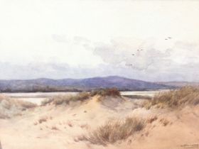 W Parkyn, watercolour, estuary landscape with ships and sand dunes to foreground, signed,