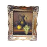 Frank Lean, oil on canvasboard, still life with wine glass, coffee pot & fruit, signed, in a gilt