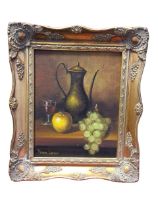 Frank Lean, oil on canvasboard, still life with wine glass, coffee pot & fruit, signed, in a gilt