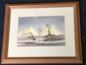 Colin George, watercolour, winter landscape with a distant town, signed, mounted & framed. (9.75in x