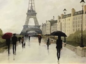 Avery Tillman, lithographic coloured print, Parisian street scene with figures, titled Eiffel in the