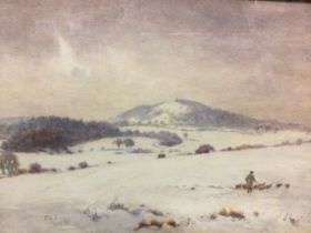 Frederick Dove Ogilvie, watercolour, snowy winter landscape with shepherd and sheep, signed with