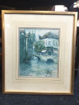 Victor Noble Rainbird, watercolour, Flemish canal scene with old buildings and church tower,