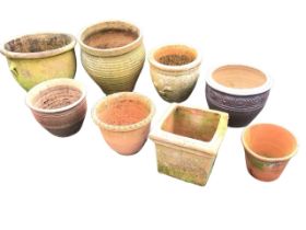 Eight miscellaneous terracotta & stoneware garden pots - square, ribbed, fleur-de-lils moulded, salt