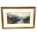 J Wallay? Victorian watercolour, river landscape with figures on road, signed indistinctly,