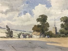 C20th watercolour, landscape with buildings and spired church, signed with initials FNNM,