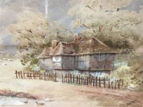 M Honywill? C19th watercolour, landscape with timbered cottage, ducks & sheep, signed, mounted &